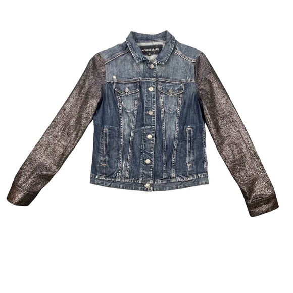Express Jeans Jackets & Blazers - Express Blue Denim Jacket Metallic Silver Sleeves Womens Medium